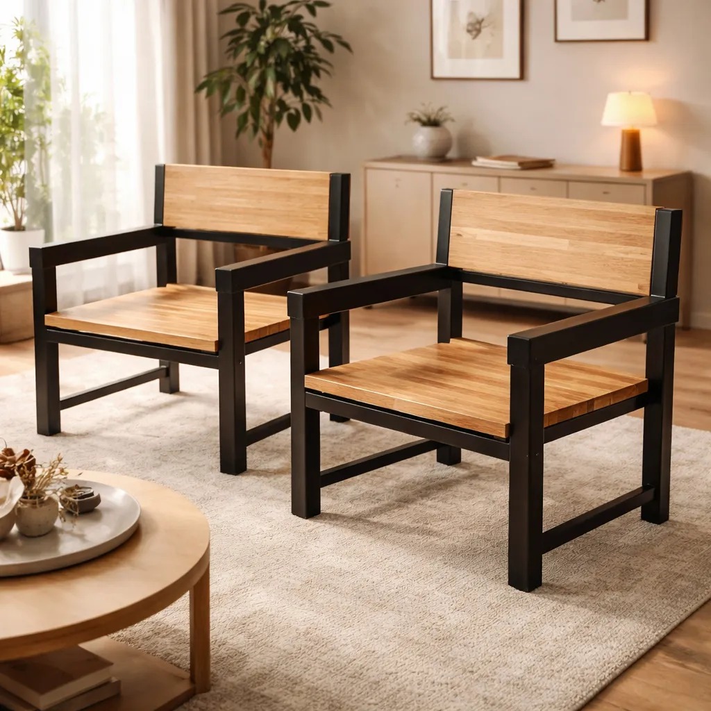 Sillones en eucalipto laqueado con estructura de hierro soldado